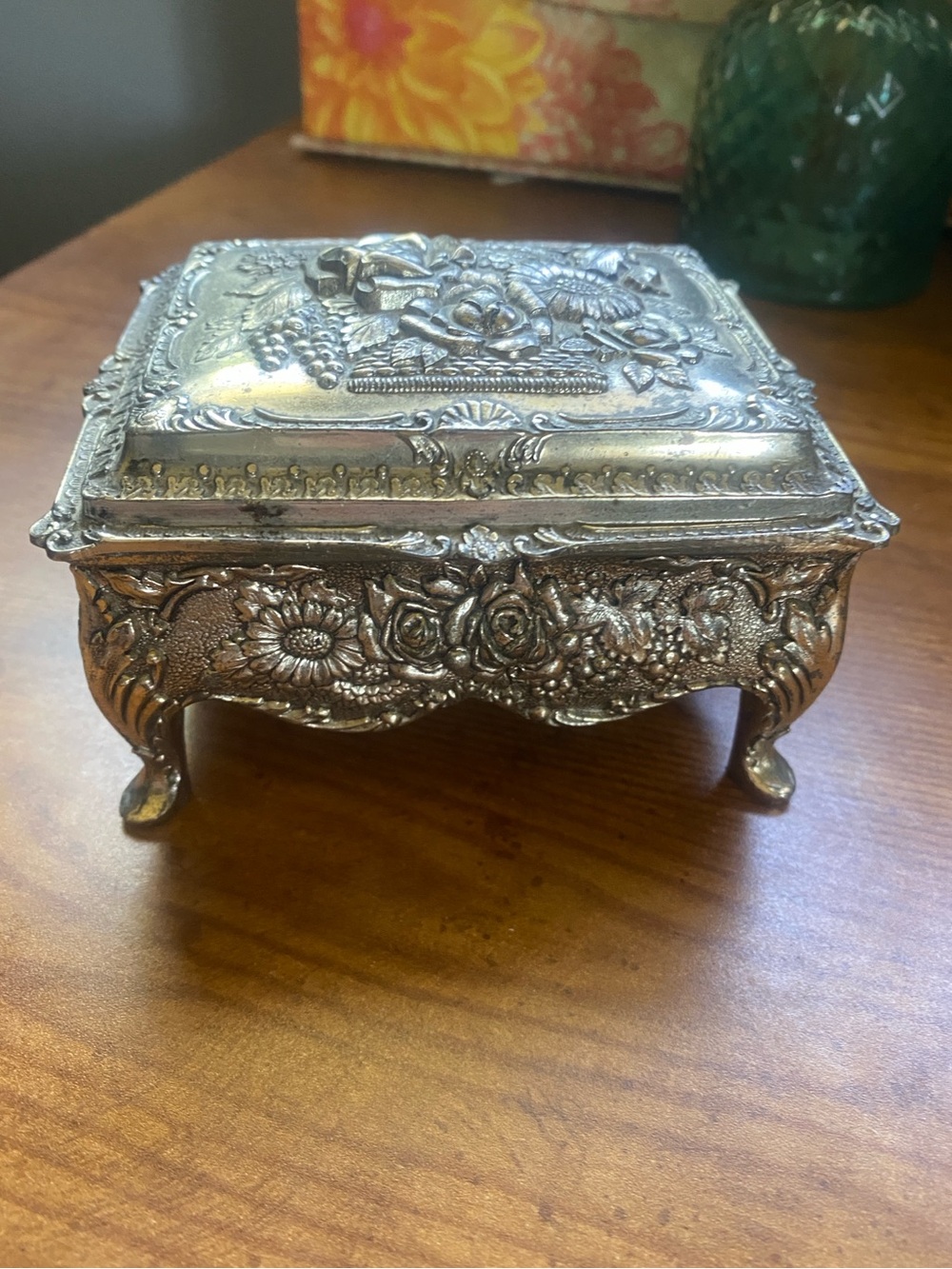 Vintage Ornate Floral Silver-Tone Jewelry Trinket Box, Victorian or Art Nouveau